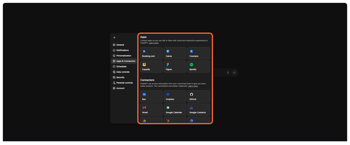 Scroll down in Apps & Connectors section to find advanced options