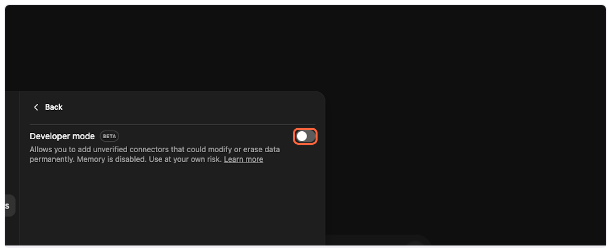 Click on Developer mode toggle to enable YouTube Transcript MCP support