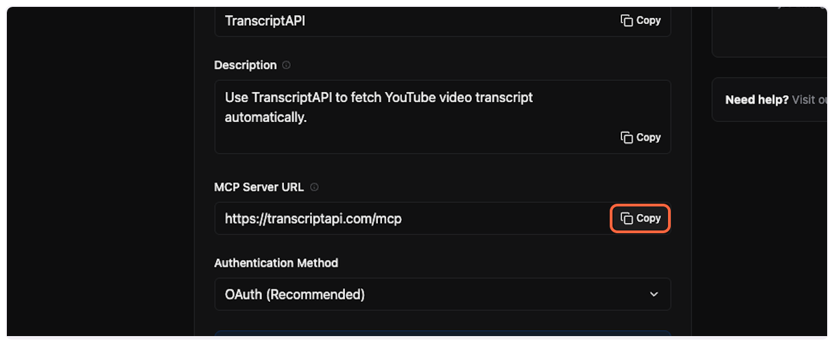 Copy MCP Server URL from TranscriptAPI for YouTube Transcript MCP