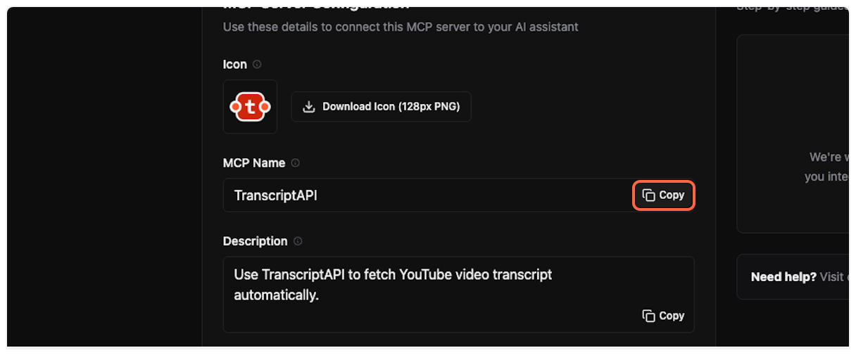 Copy MCP name from TranscriptAPI dashboard - YouTube Transcript API