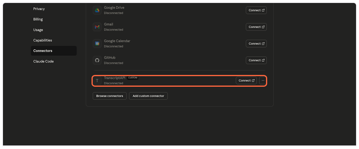 TranscriptAPI appears in connector list - YouTube Transcript MCP