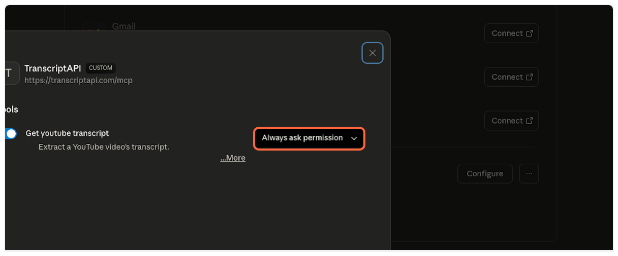 Click permission dropdown - YouTube Transcript MCP