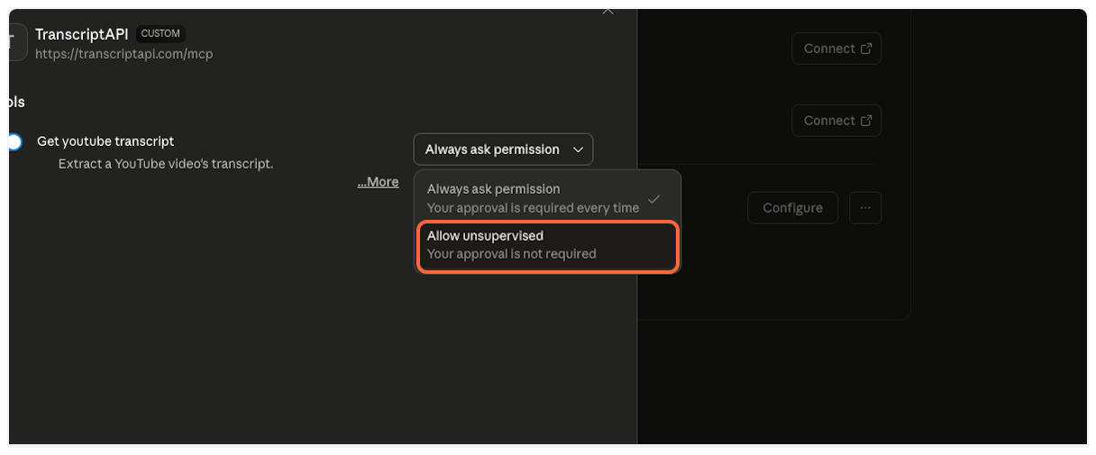 Select Allow unsupervised option - YouTube Transcript MCP