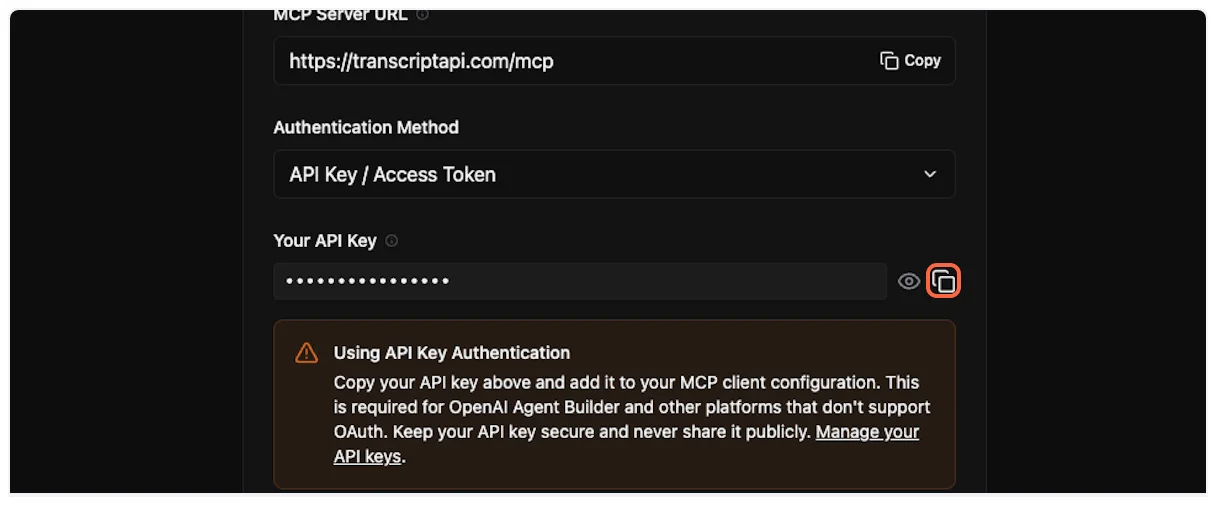 Copy API key from TranscriptAPI dashboard for YouTube Transcript API
