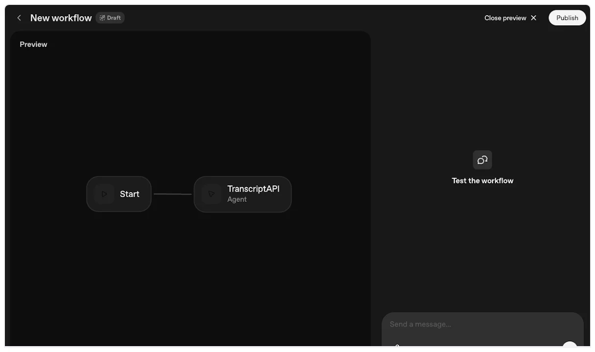 Workflow preview interface for testing YouTube Transcript MCP